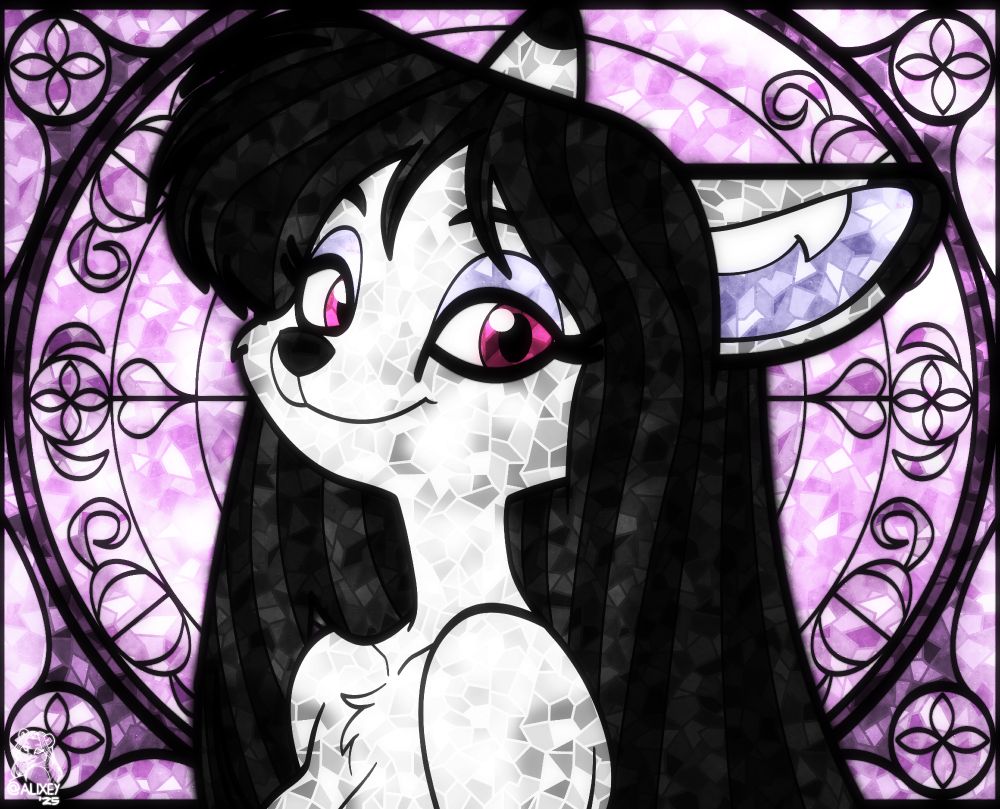 Stained glass illustration of a female anthropomorphic artic fox with white fur, in a circular background with floral and geometric motifs in shades of pink.