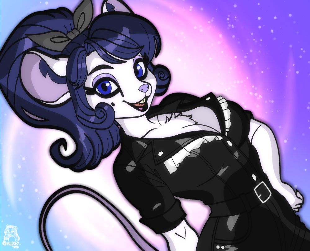 An anthropomorphic white mouse with dark blue hair styled in retro curls and tied with a gray bow, smiling warmly while leaning slightly forward. She wears a black dress with puffed sleeves, a belted waist, and frilly white trim over a soft pink and blue cosmic background.