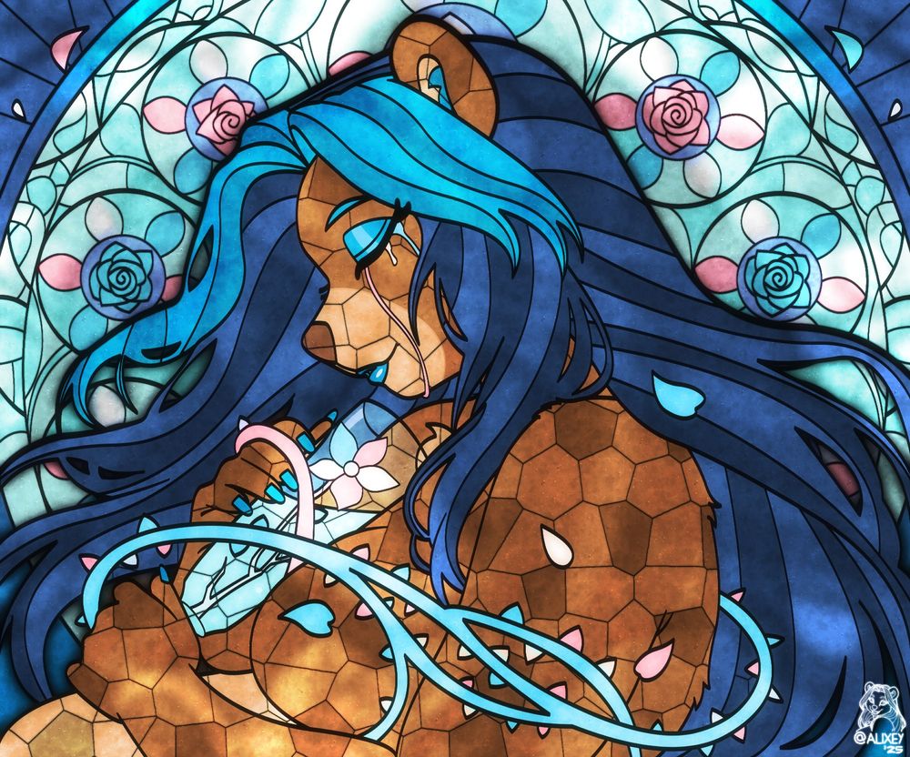 A stained glass style artwork of an anthropomorphic bear with long and tears streaming down her face, holds close a flower in a glass base and is wrapped in thorny vines with blue, white and pink petals falling around her.