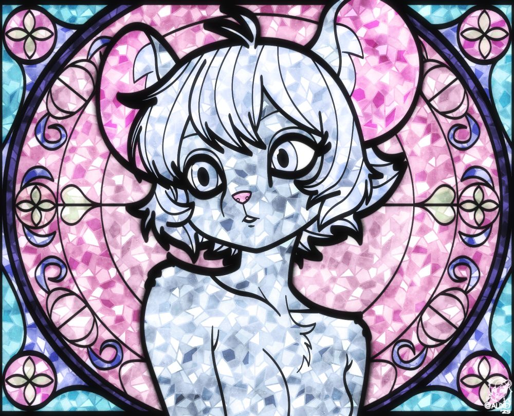 Stained glass illustration of a female anthropomorphic mouse with grey fur and short silver hair, in a circular background with floral and geometric motifs in shades of pink, violet, and white.