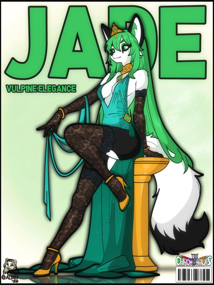 An athropomorphic female fox character with long green hair and white fur, posing elegantly on a magazine cover titled “JADE – Vulpine Elegance.” She wears a flowing teal-green gown with gold accessories, black floral-patterned stockings, and yellow high heels. She wears a golden tiara and jewelry while leaning against a golden pedestal.