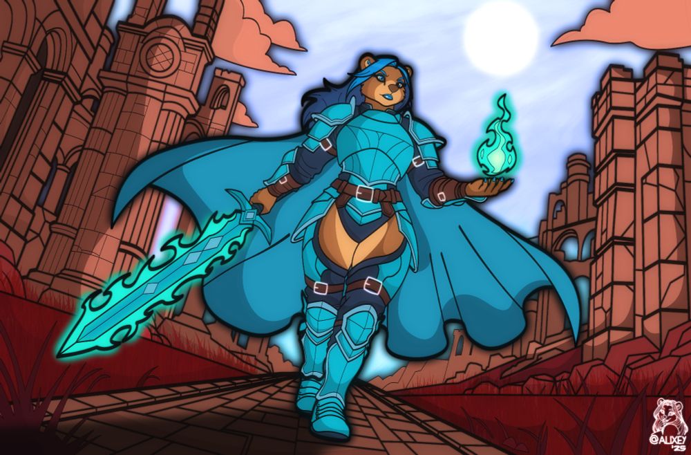 An anthropomorphic bear warrior in bright turquoise armor strides confidently through a ruined city under a bright sun, wielding a glowing flame-shaped sword in one hand and holding a floating blue fire in the other. Her long cape flows behind her as red grass and towering orange ruins frame the scene.