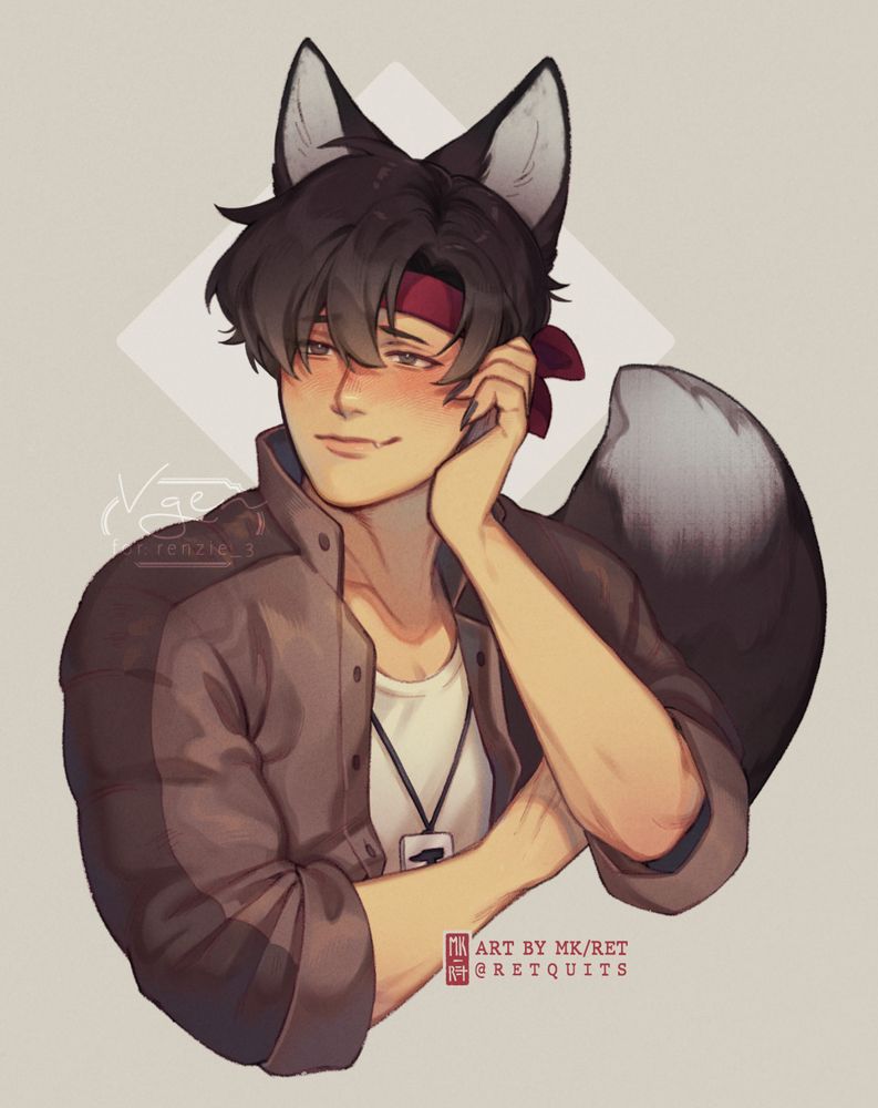The same fanart as the first image of March from Fields of Mistria, but with black hair, black ears and tail, and a red bandana around his forehead.  End ID
