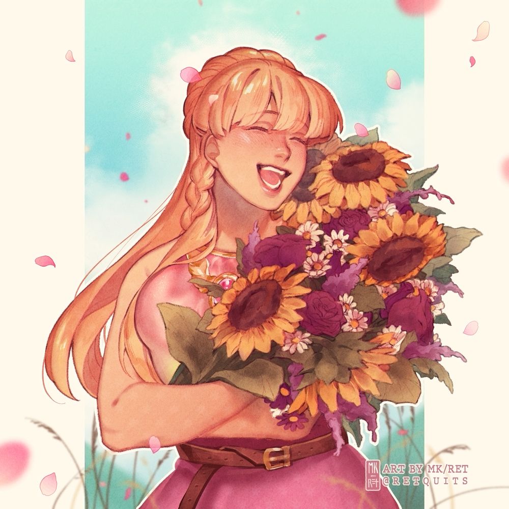 A digital painting of Celine from Fields of Mistria. She has a joyful expression and is holding a bouquet of flowers.