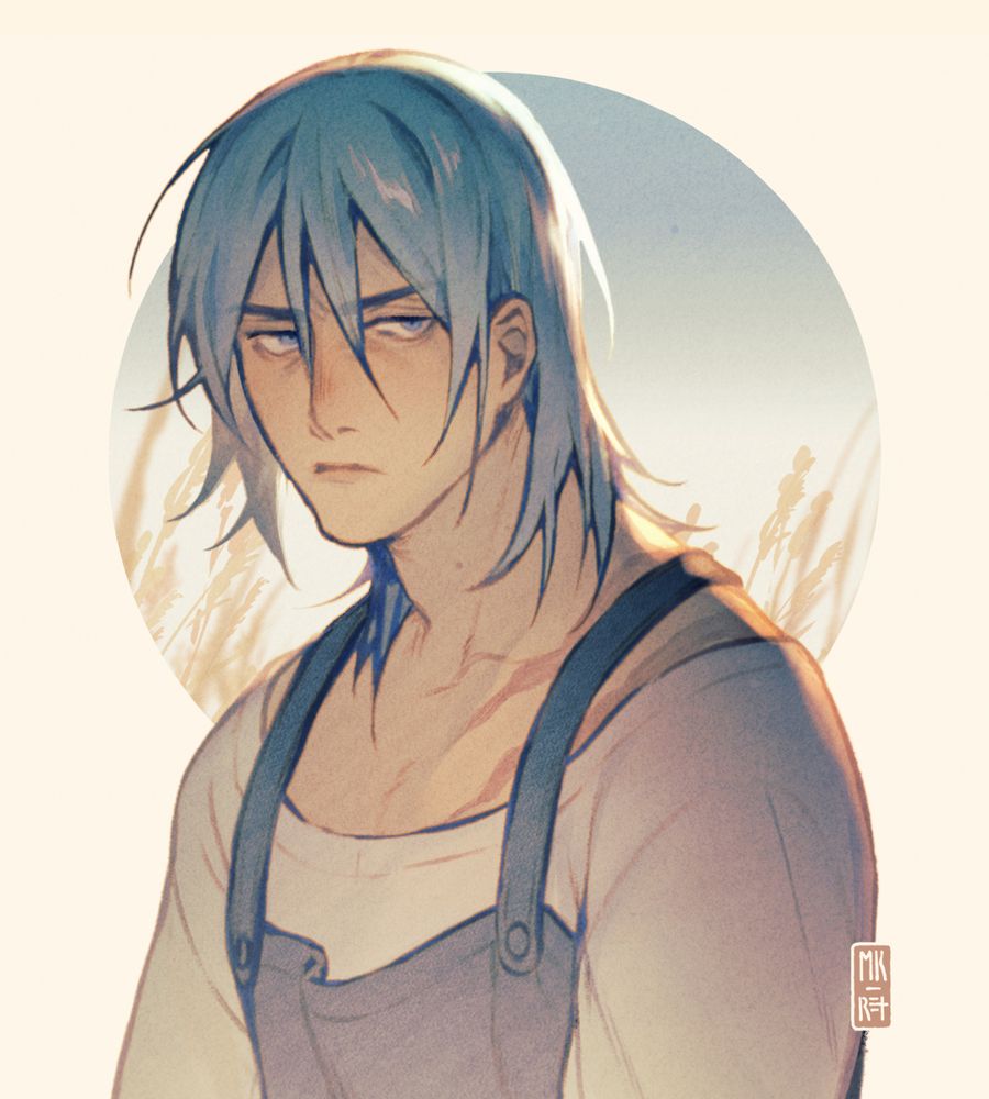 Digital art of OP's Fields of Mistria character, Monroe; a young man with unkempt blue hair, a white shirt, and blue overalls. Long scars cross one of his shoulders, and he has a wary, tired expression as he scowls at the viewer. 