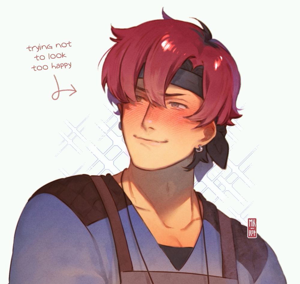 Digital fanart of March, from Fields of Mistria, portrayed in his winter outfit. He's avoiding eye contact with a poorly hidden proud smile. Text pointing to him reads: "trying not to look too happy".