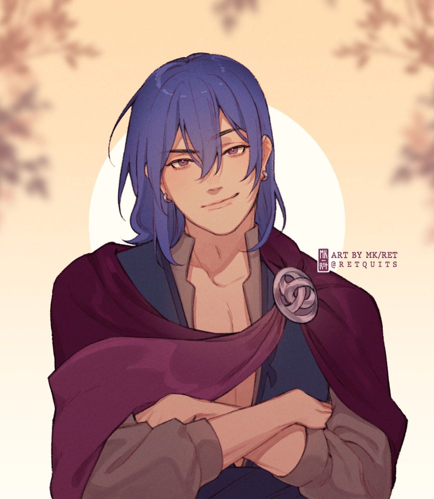 Fanart of Balor from Fields of Mistria in his Fall outfit. He has his arms crossed and is smirking at the viewer. End ID