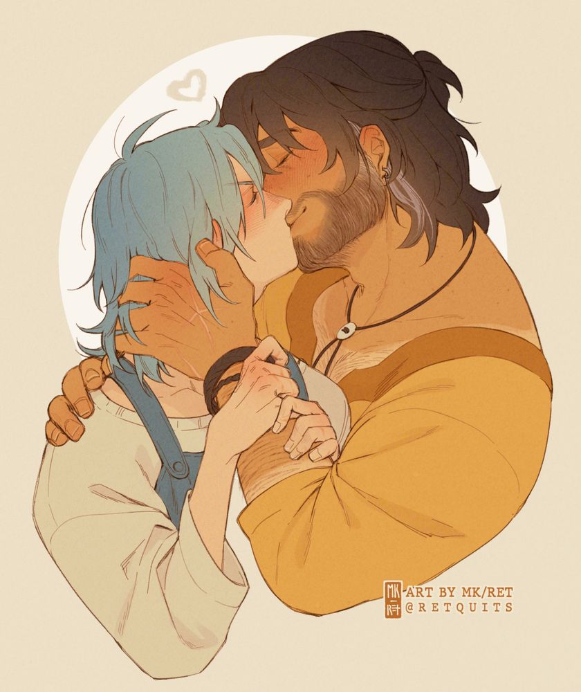 Fanart of Hayden from Fields of Mistria with OP's character, Monroe, kissing. Hayden is smiling into the kiss and holding Monroe. Monroe is holding onto Hayden's arm.