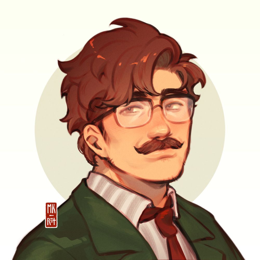 Fanart of Harvey from Stardew Valley on a white and green background. He's smiling at the viewer. End ID