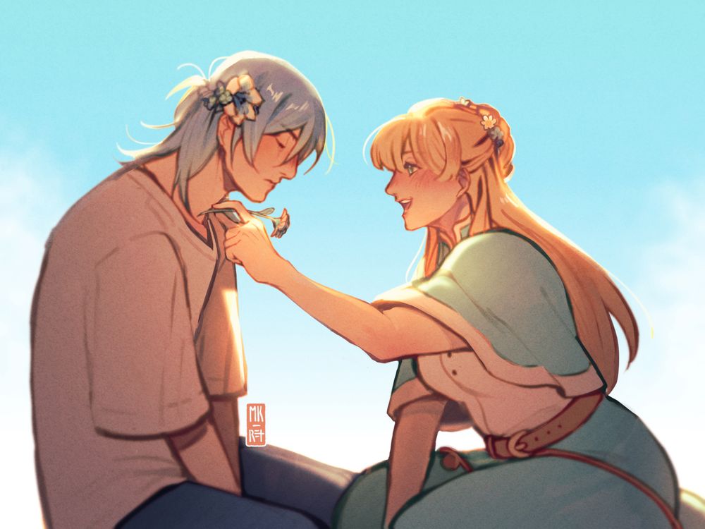 Digital art of Celine from Fields of Mistria and OP's character Monroe sitting together, against a blue sky. Celine is smiling and putting a flower in Monroe's hair. Both characters have their hair half-tied back with flowers laced into them.