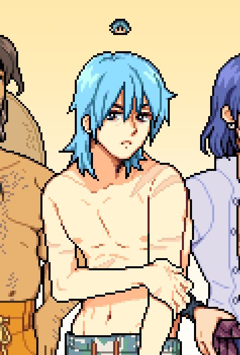In-progress pixel art of OP's character in the Fields of Mistria sprite style, next to cropped Hayden and Balor sprites.
