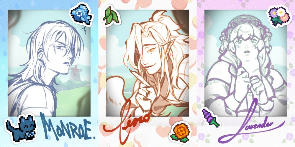 Three polaroids with rough sketches of OP's three OCs. Various Fields of Mistria items are used to decorate the frames like stickers.