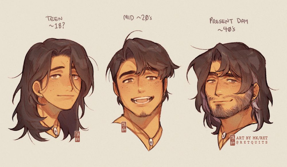 Three different headshots of Hayden from Fields of Mistria on a plain gray background. The first depicts what he may have looked like as a teenager, ~18 years old. He has long, messy hair, a clean shaven face, and some acne. The second depicts what he may have looked like in his mid-20's. He has shorter hair, a big smile, and a goatee. The third depicts his canon appearance, headcanoned in his ~40's. End ID