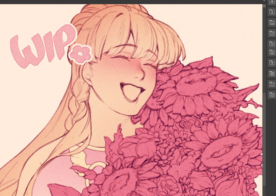 A cropped rough sketch of Celine, from Fields of Mistria, holding a bundle of flowers and smiling brightly.