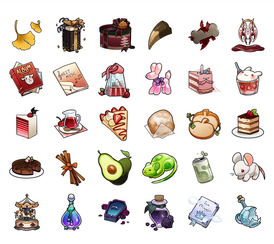 A collection of small item sprites.