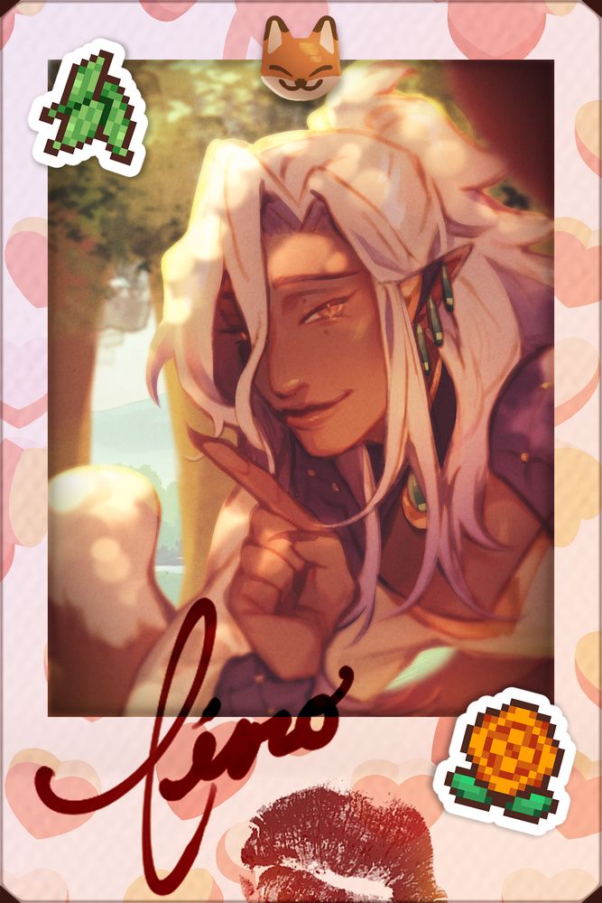 Digital art in a polaroid frame of OP's Fields of Mistria farmer Ciro, a sly looking young man with sharp features, holding a finger to his mouth in a "shh" pose. The polaroid frame is decorated with pixel stickers and Ciro's signature with a kiss mark.