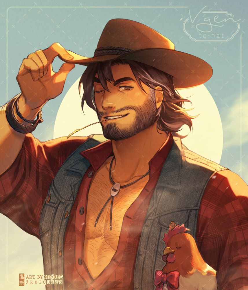 Fanart of Hayden from Fields of Mistria, depicted in a mostly unbuttoned red flannel shirt and denim vest. He has Henrietta under one arm and is tipping his hat to the viewer with a wink.