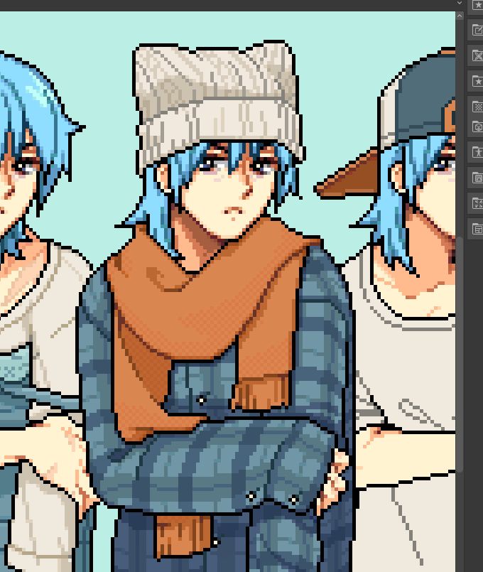 A cropped screenshot of OP's OC drawn in the Fields of Mistria pixel style. The character is a pale male with long hair and a scowl. He's wearing a cat ear beanie, a scarf, and an oversized blue flannel.