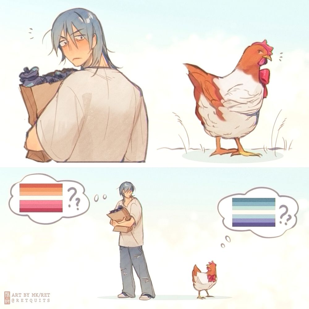 A digital comic of Henrietta, from Fields of Mistria, and OP's farmer character, Monroe. They both notice each other, and then think of the lesbian flag and gay man flag respectively, which are similar to each other's color palettes.