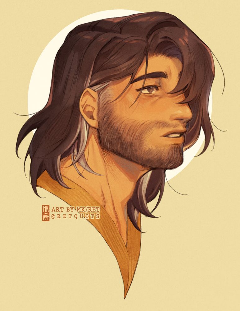 Fanart of Hayden from Field of Mistria on a light beige background. He stares off into the distance wistfully.