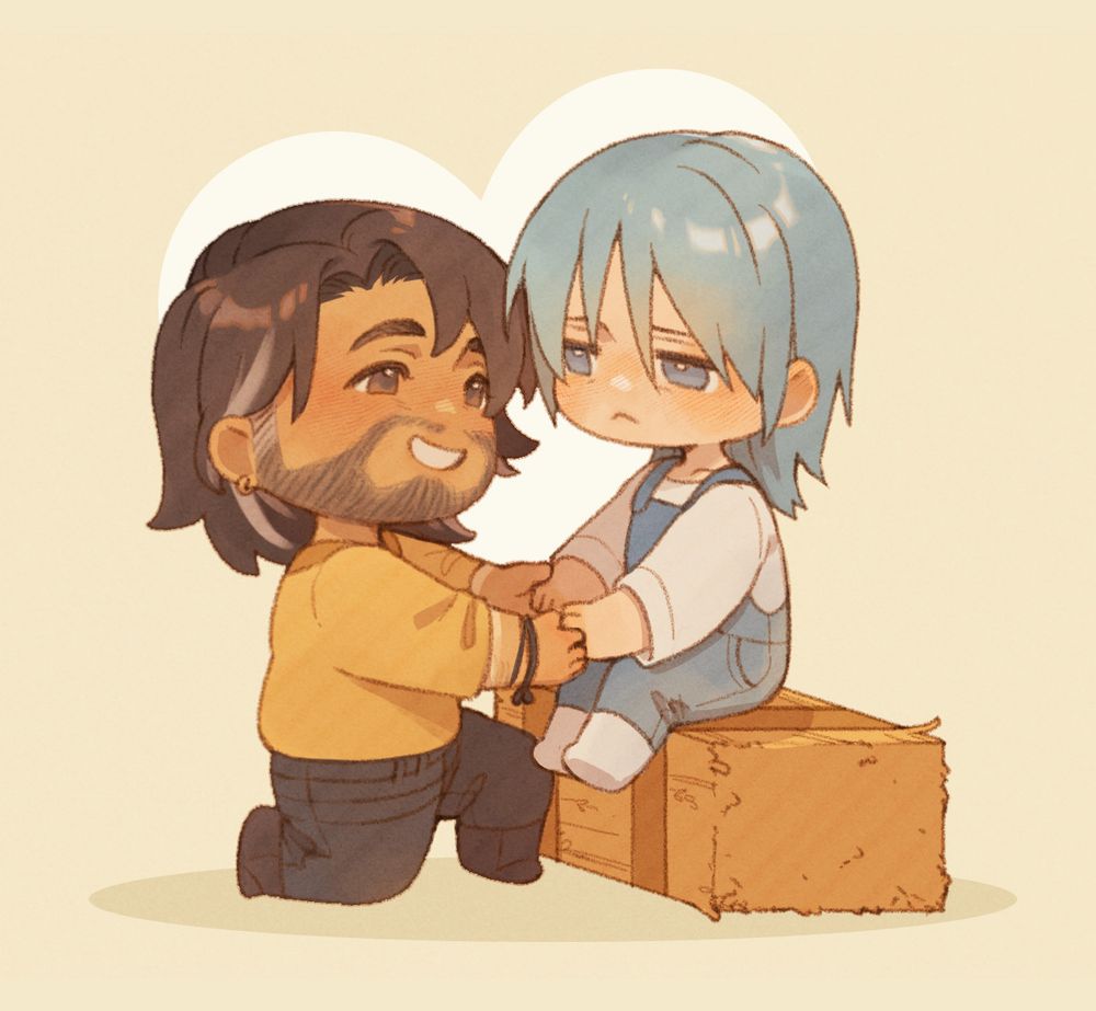 Hayden from Fields of Mistria and OP's character Monroe in a chibi style. Monroe is sitting on a hay bale with Hayden kneeling in front of him, taking his hands.