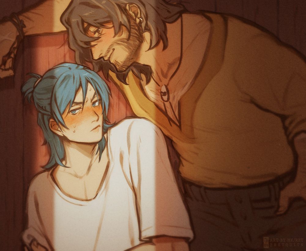Fanart of Hayden from Fields of Mistria with OP's farmer OC, Monroe. Hayden is looming over Monroe, smiling down at him with one arm planted over his head. Monroe is averting his gaze with a flustered look. Light from a cracked open door shines on them, breaking through the inner shadows of an implied red wooden barn.