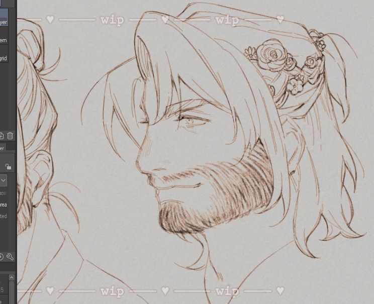 A sketch of Hayden from Fields of Mistria. He's portrayed with his hair half-up with a braid and flowers woven in.
