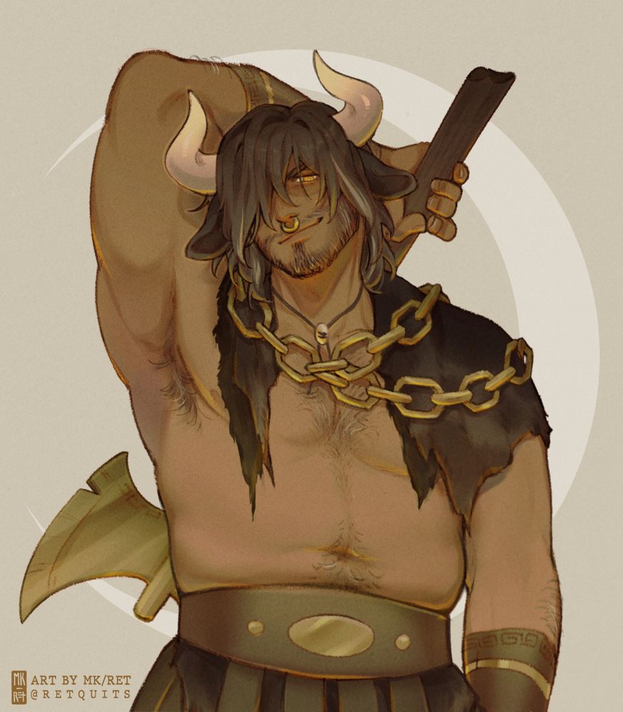Fanart of Hayden from Fields of Mistria, portrayed in a Minotaur outfit. He's reaching for an axe on his back. End ID