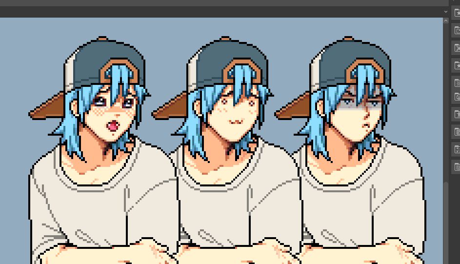 A set of three digital sprites of OP's character, drawn in the Fields of Mistria pixel style. All three have comical, cat-like expressions.