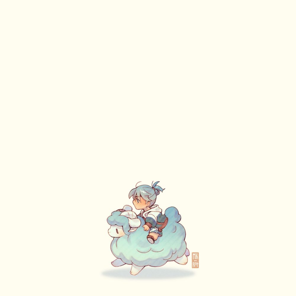 Digital art of OP's Fields of Mistria farmer riding on the back of a blue sheep. The art is relatively small on a large blank white canvas.