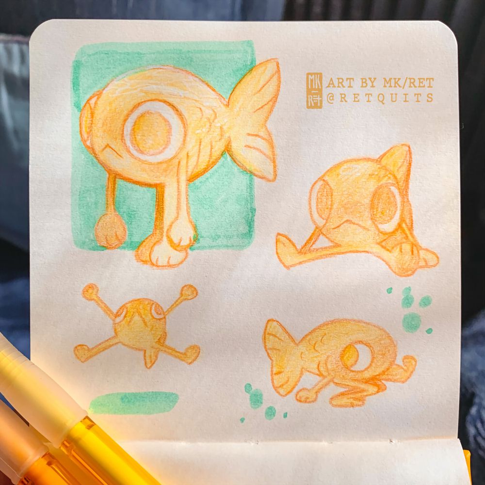 A photo of a sketchbook page, featuring four goldfish with arms and legs in various poses.