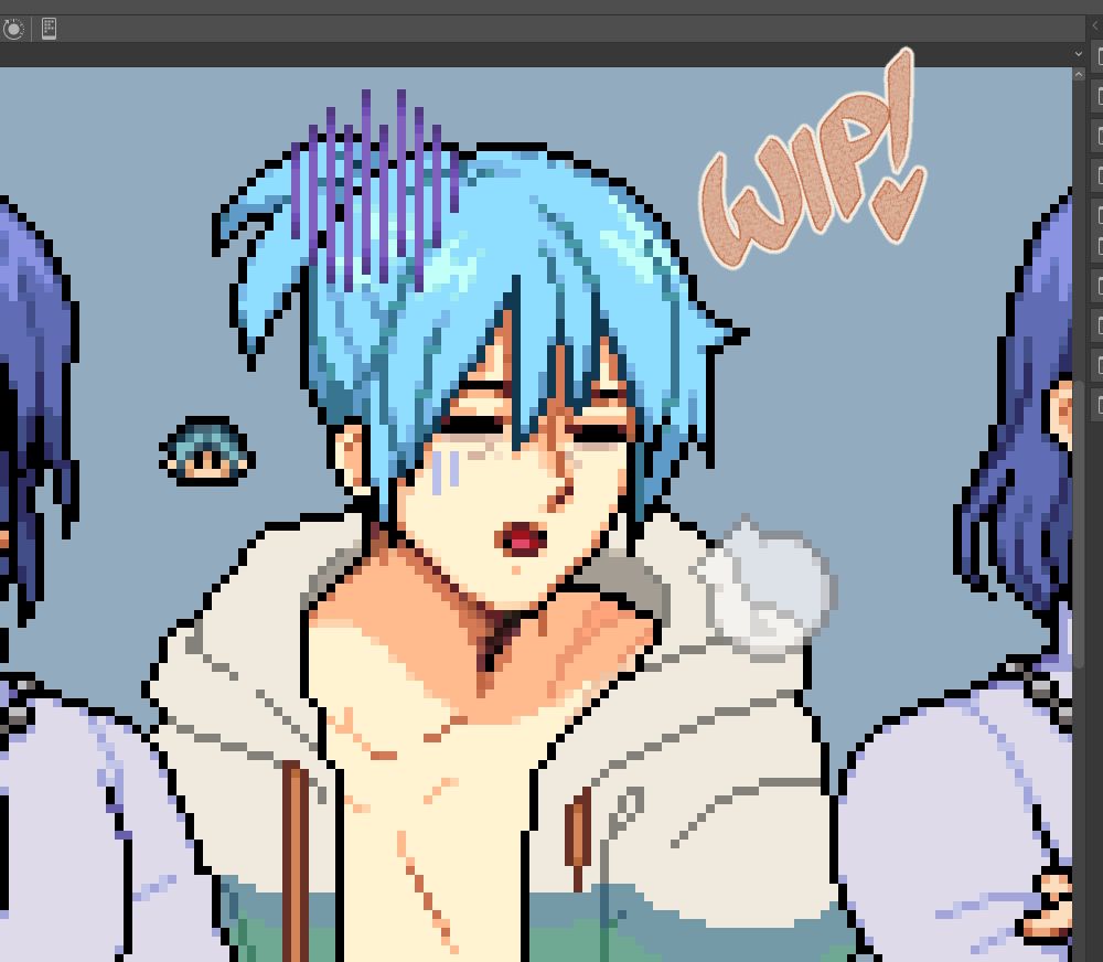 A cropped screenshot of OP's character drawn in the Fields of Mistria pixel style, with a weary expression.