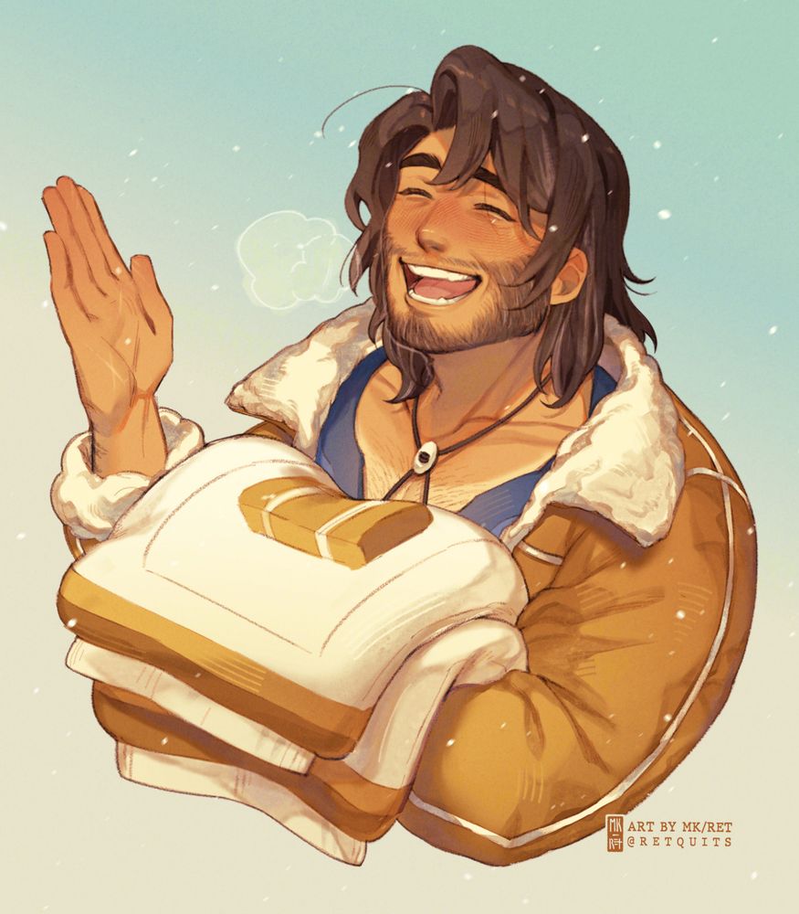Fanart of Hayden from Fields of Mistria, portrayed in his winter outfit. He has a big smile, and is holding two bags of feed in one hand and waving with the other.