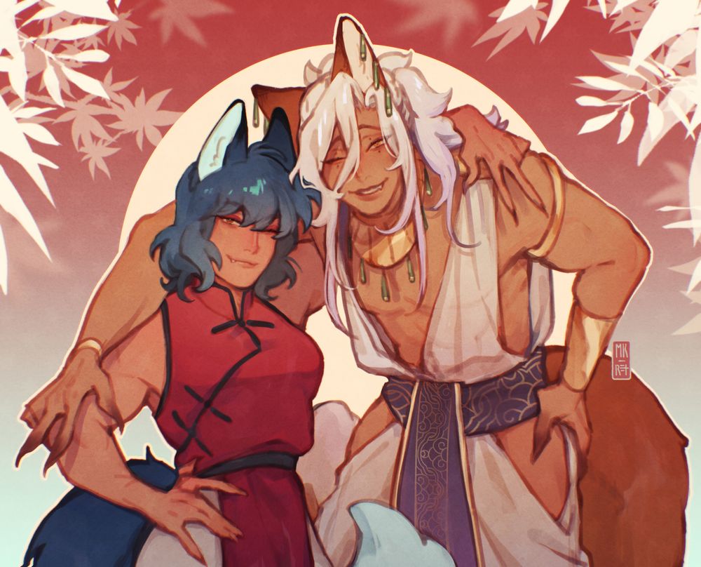 Digital art of two fox kemonomimi characters. The first, Brooke, is a young woman with shorter blue hair and blue fox features, and a red top. The second, Ciro, is a young man with long white hair, red fox features, and a white and gold loose outfit. They are both smiling and winking, and holding the peace "V" sign.