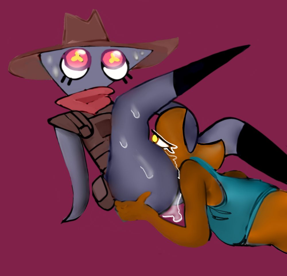 Elain is leaning back with her legs spread as a moon shaped woman eats her outfrom between her thighs, gripping her ass. 