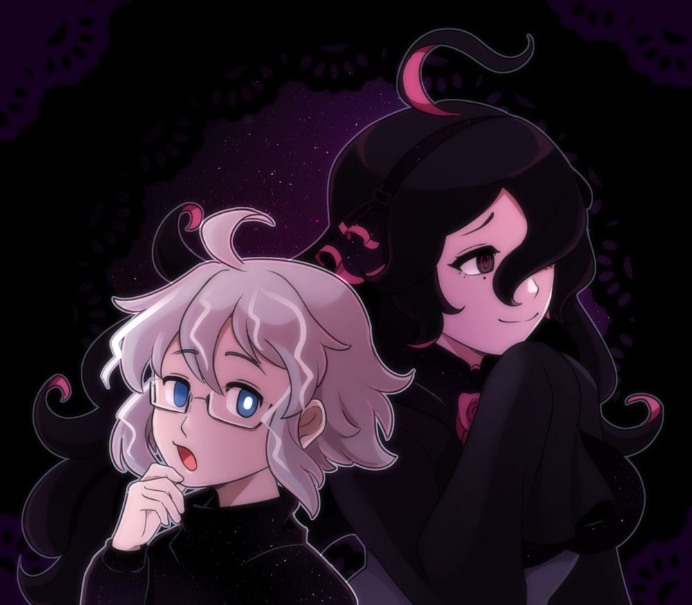Two characters standing in front a dark, night sky surrounded by lace. The shorter character has messy gray hair and glasses. He holds a hand to his face with a dumbfounded expression. One eye shines bright. The taller character has flowing long, black hair. She holds her own hand to her face, her long sleeve dangling down.