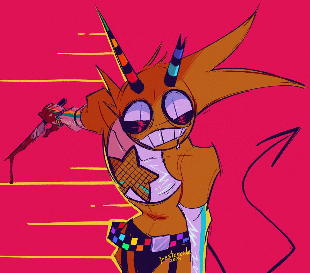 A digital illustration of a humanoid yellow character with horns and a tail, wearing a white crop top, elbow length gloves, a rainbow checkered belt and black thong booty shorts with harnesses. They have a crazed expression on their face with wide eyes and a huge smile. They're looking directly at the viewer and have a bloodied knife held out behind them.