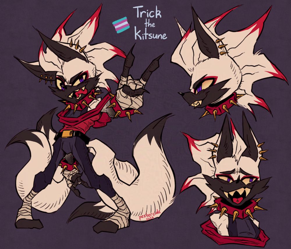 A digital illustration of a kitsune mobian named 'Trick' with cream and brown fur. She has a mohawk with dyed red tips, four tails and purple eyes. On her wrists she wears spiked cuffs and around her neck she wears a spiked collar. Her ears have three golden spike stud earrings each. She wears a red cropped hoodie over her sleeveless black bodysuit and a belt with a gold buckle on her hips. On her hands and feet she wears bandages.

On the left of the canvas is a full body illustration of Trick posing with her feet apart and her legs bent slightly. Her left arm is outstretched towards the viewer and she's making the sign of horns. On the right of the canvas is two illustrations of Trick's head from the side and front.