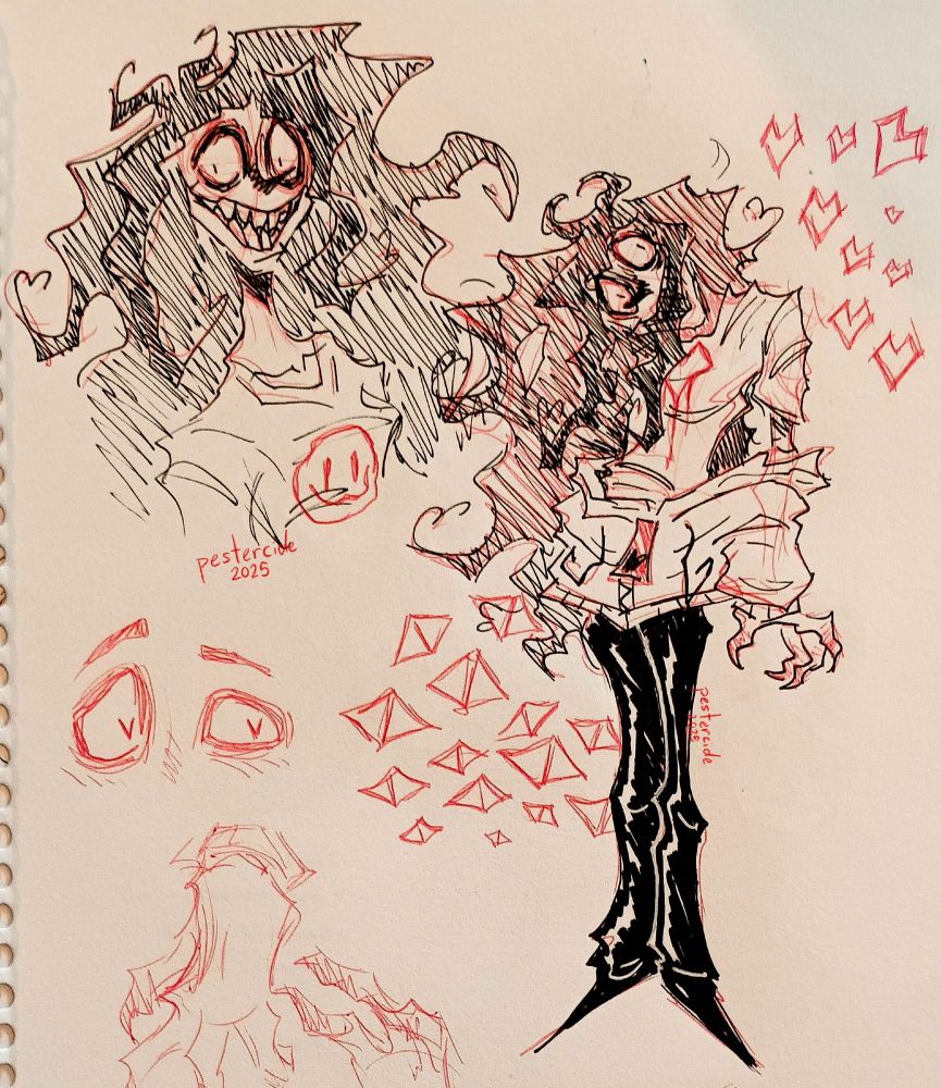 A traditional sketchpage of John Doe from the John Doe visual novel by Scopophobia Studios. In the top left corner is a sketch of him from the shoulders up, smiling creepily at the viewer. On the right side of the page is a full body doodle of Doe standing upright and tilting his head while looking at the viewer. His mouth is obscured by his hair. Scattered around the rest of the page are miscellaneous extra doodles in red pen.