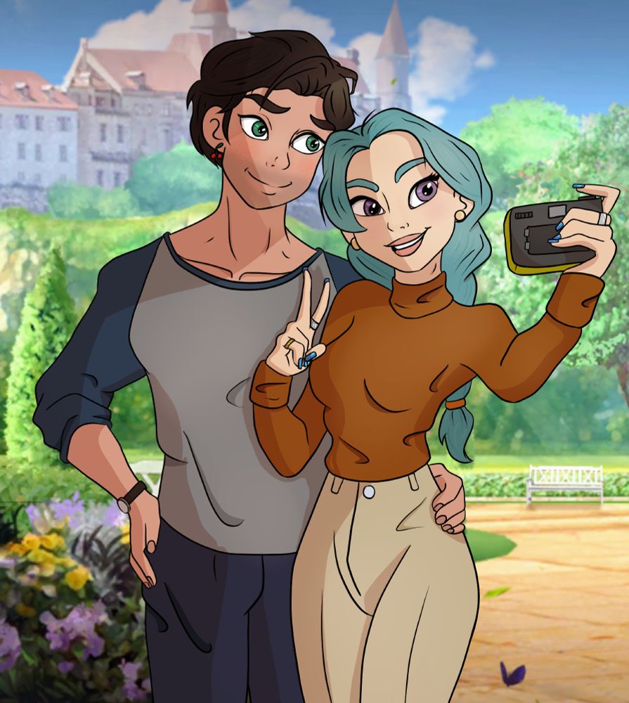 A cartoon art piece of a man and a woman.  The man has dark hair and green eyes, wearing a grey and blue jersey t-shirt and blue pants, the woman has blue hair in a braid with an orange turtleneck sweater and khaki slacks.  She is holding a camera facing them and taking a picture.  The background is of a courtyard and garden.