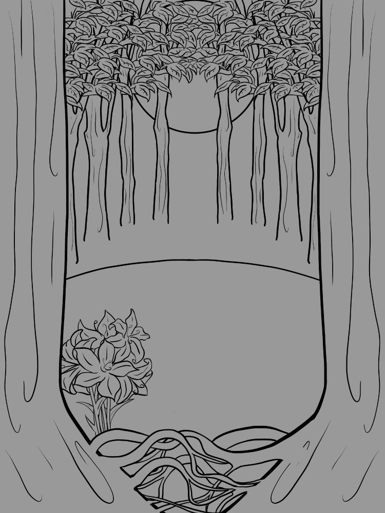 An art nouveau style background on a grey canvas.  Two tree trunks frame the foreground, their roots intertwined, and a bunch of lilies on the left.  A pool of water is in the center.  The background is four trees on either side of the canvas, overlapping leaves covering a moon in the upper center of the page.
