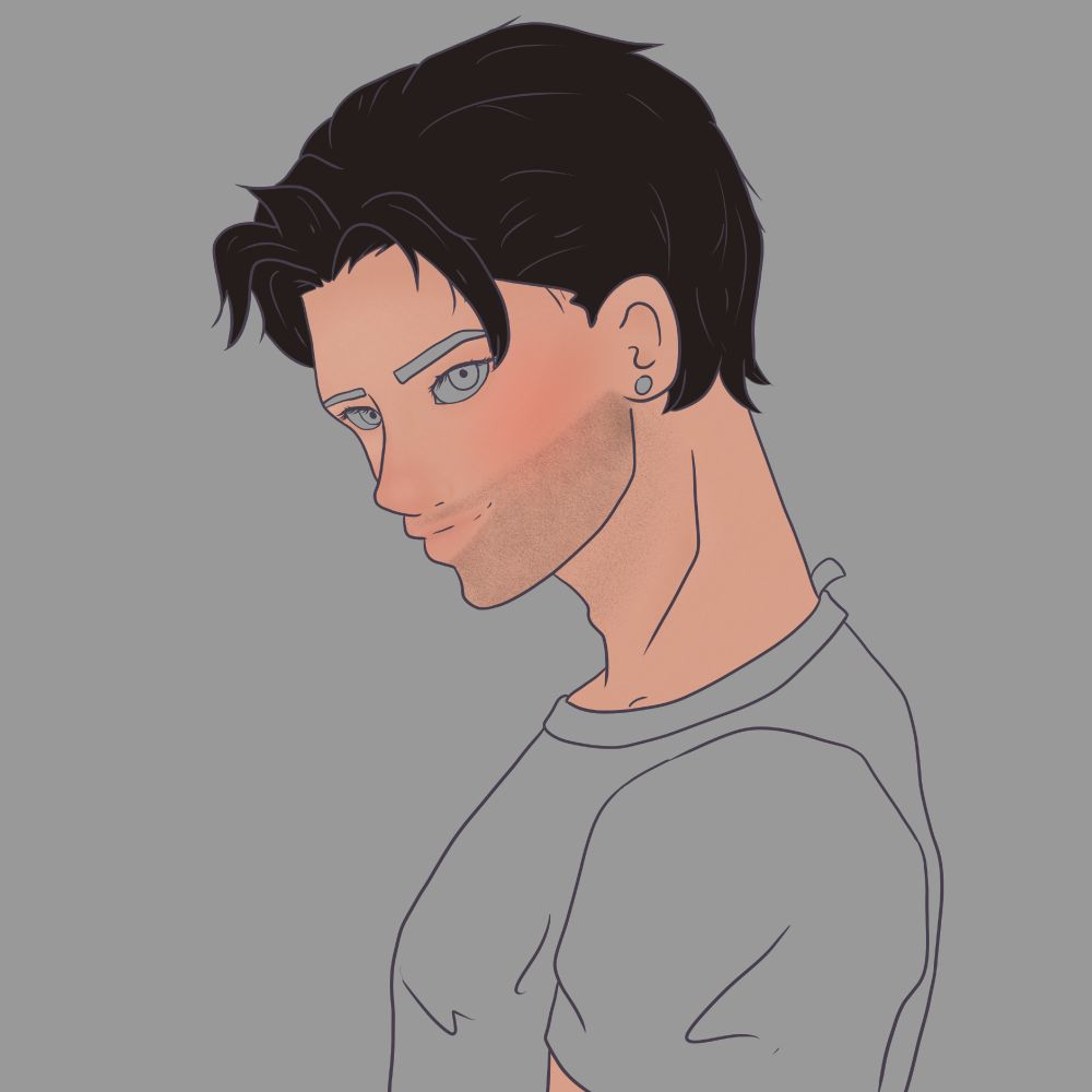 This is a digital art work in progress.  There is line art of a man, bust up, standing sideways with his head turned toward the viewer.  His skin is colored in, Caucasian toned, and his hair is dark brown.  The rest of the picture is a uniform grey color of the canvas.