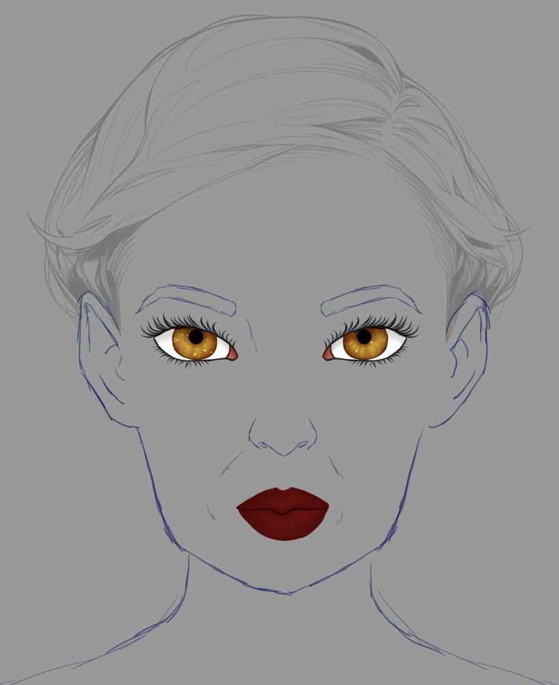 This is a work in progress.  It is a portrait of a woman.  Her hair is greyed out but cut short.  Only her eyes and lips are colored in, the eyes being golden yellow and her lips being red.  The rest of the portrait is only sketched in blue lines.