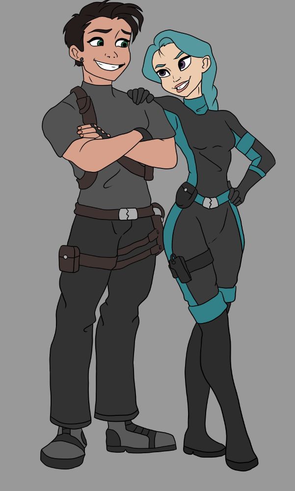 A work in progress, this art piece is two cartoon figures drawing in a Disney-inspired style.  On the left is a Caucasian man with brown hair dressed in a black high-neck t-shirt and black pants.  On the right is an Asian woman with aqua hair wearing a body suit that is black with accents on the sides that match her hair color.  She has a hand on her hip and is leaning on the man who stands with his arms crossed.  They are smiling at each other.  There is no shading or highlighting on this art piece.