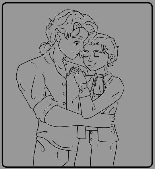 Black lineart on a grey canvas of two men, a taller and shorter one in 1800s attire embracing.