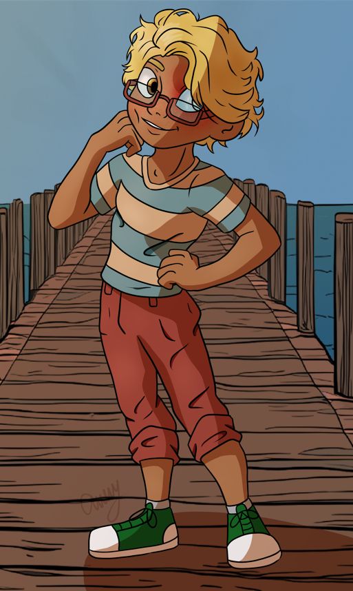 A drawing in a cartoony style.  The background is a dock with the ocean in the background.  The foreground is a fullbody boy wearing red capris, a yellow and blue striped t-shirt, curly golden hair, red framed glasses, and tanned skin