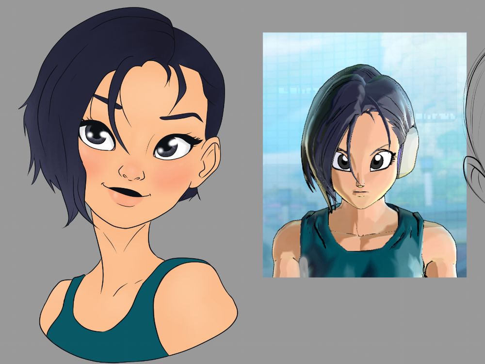 This is a work in progress art piece.  On the right of the canvas is a screenshot of the face of a created character from the video game Dragon Ball: Xenoverse 2 and on the left is the artist's cartoon style of the same character.  The character is a girl with sand-tan skin, large black eyes, and black hair that is parted on the left side, tucked behind her left ear while the right side is in front of her ear.  Her hair reaches about to her chin.  The canvas background is a plain grey.