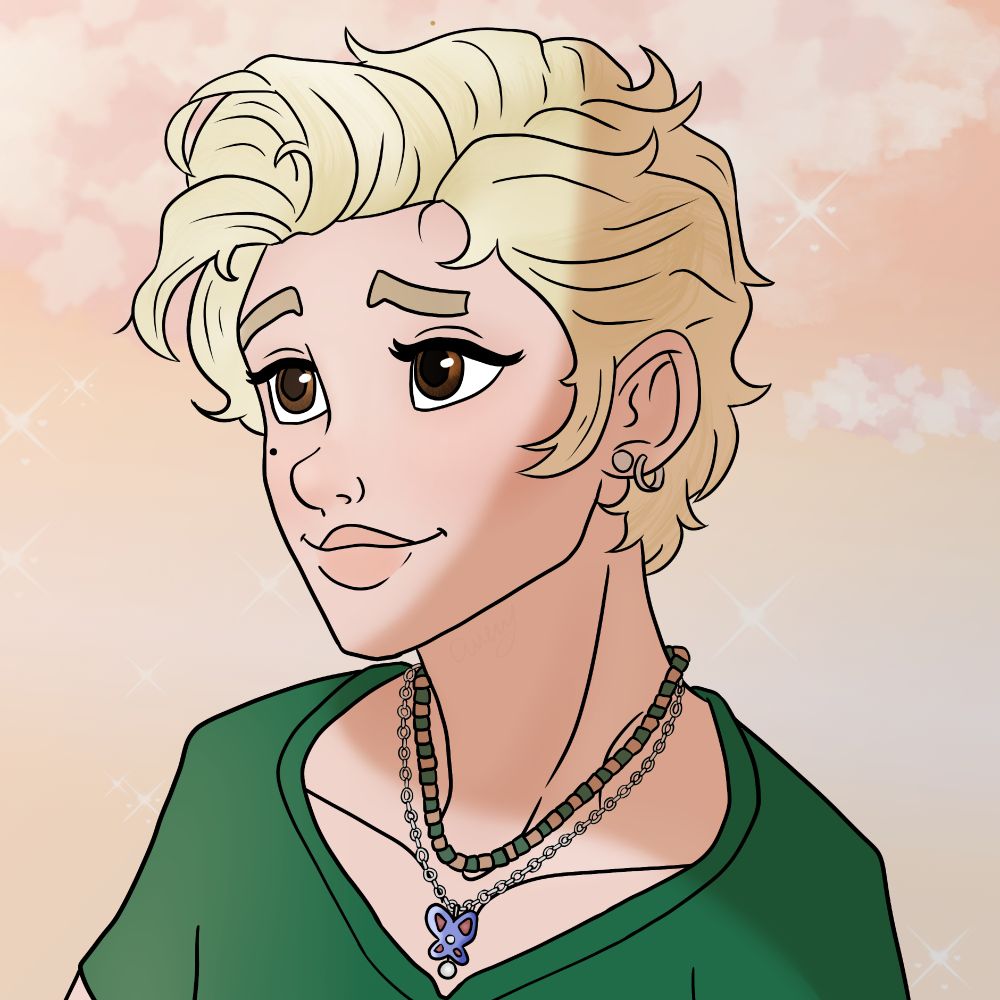 This is a cartoon art piece that is the headshot of a young man with curly blond hair and dark brown eyes.  He is looking off to the left with a dreamy expression.  The background is a yellow and pink sky.