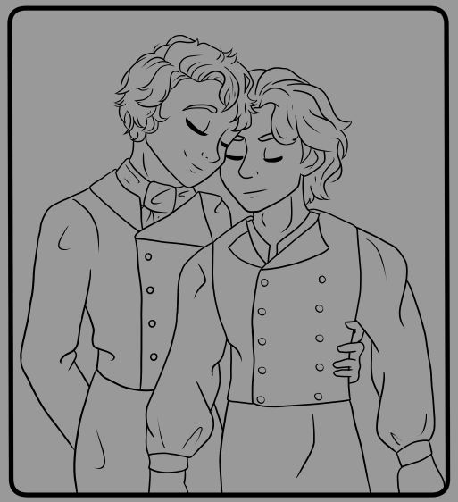 Black lineart on a grey canvas of two men standing next to each other with the taller one's arm around the other's waist, wearing early 1800s clothing.
