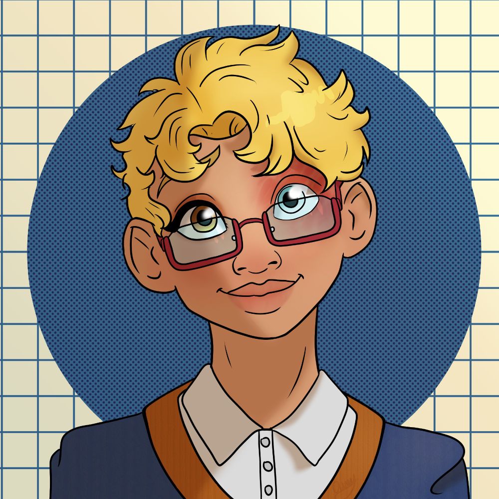 This is a portrait of a character done in a style imitating Disney with anime influences.  It is a man with tan skin and curly golden yellow hair.  His right eye is brown and his left is a milky blue.  He is wearing a white collared shirt and a v-neck sweater that is blue with an orange collar.